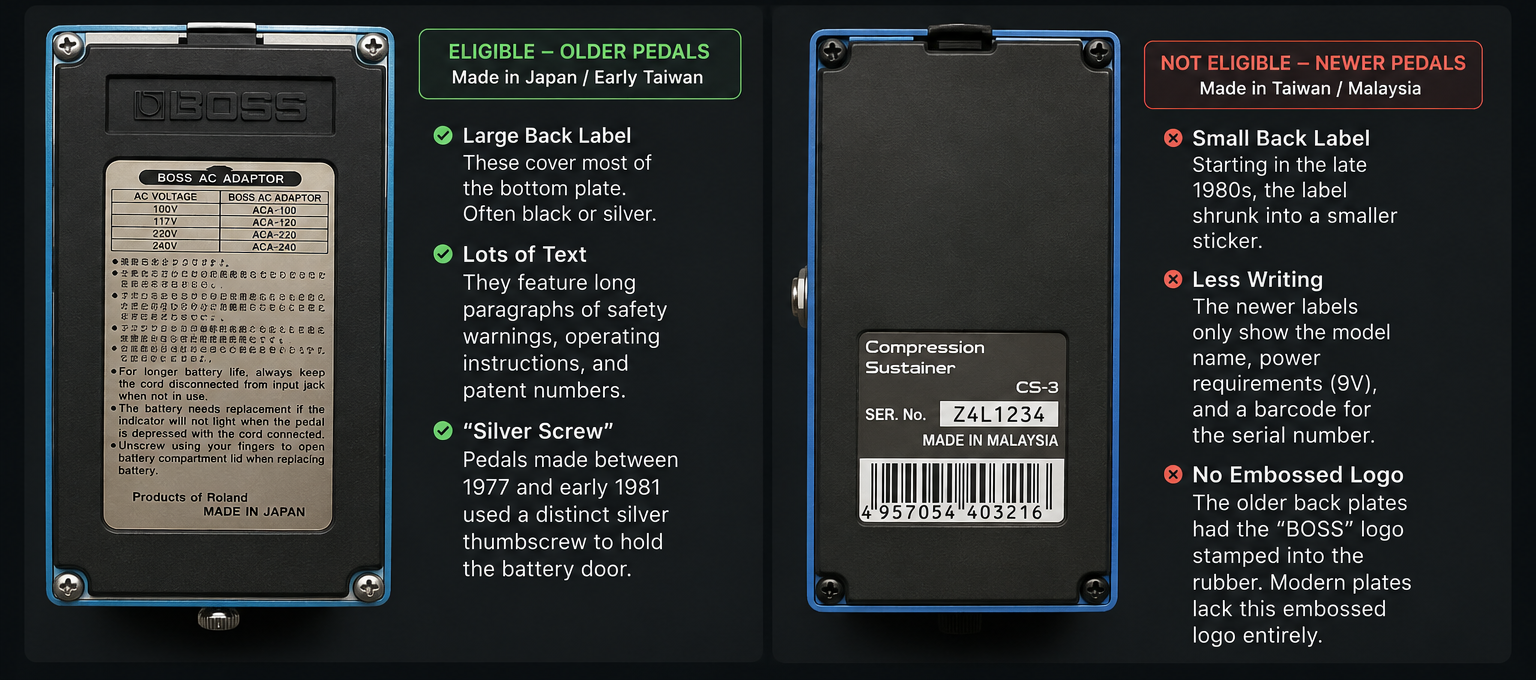 How to identify a compatible older Boss pedal versus a newer non-compatible pedal by the back plate